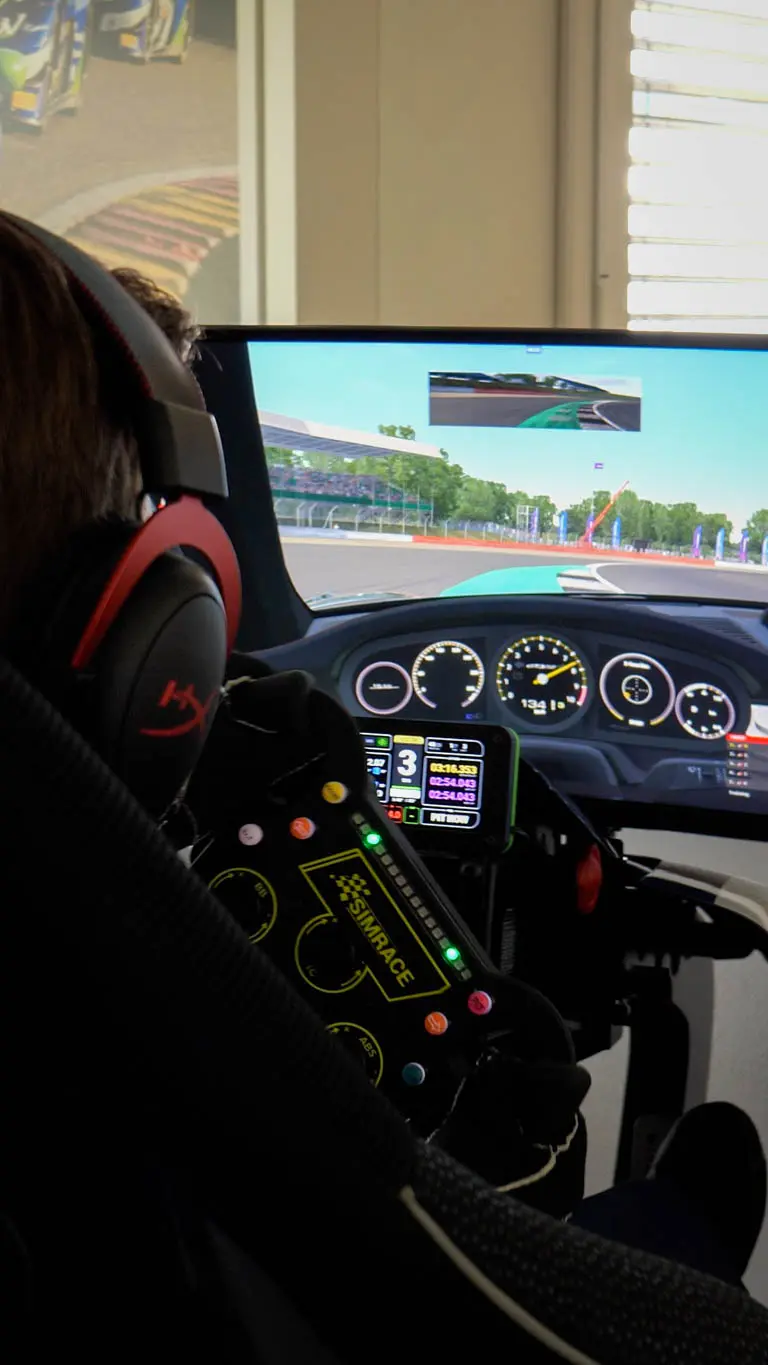 Mann sitzt in E-SIM Racing Simulator